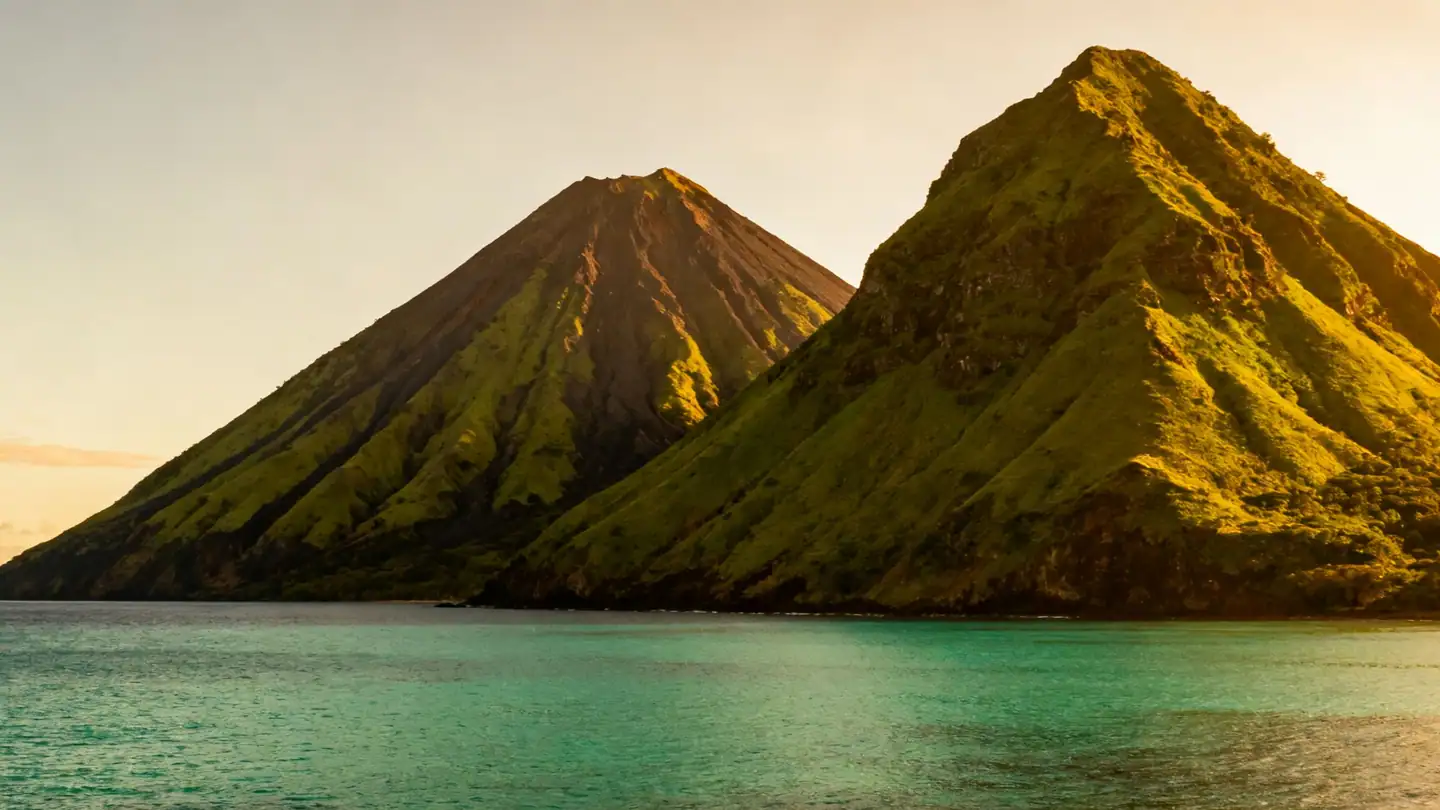 St Lucia: two steep volcanic green peaks rising from a turquoise bay in golden-hour light