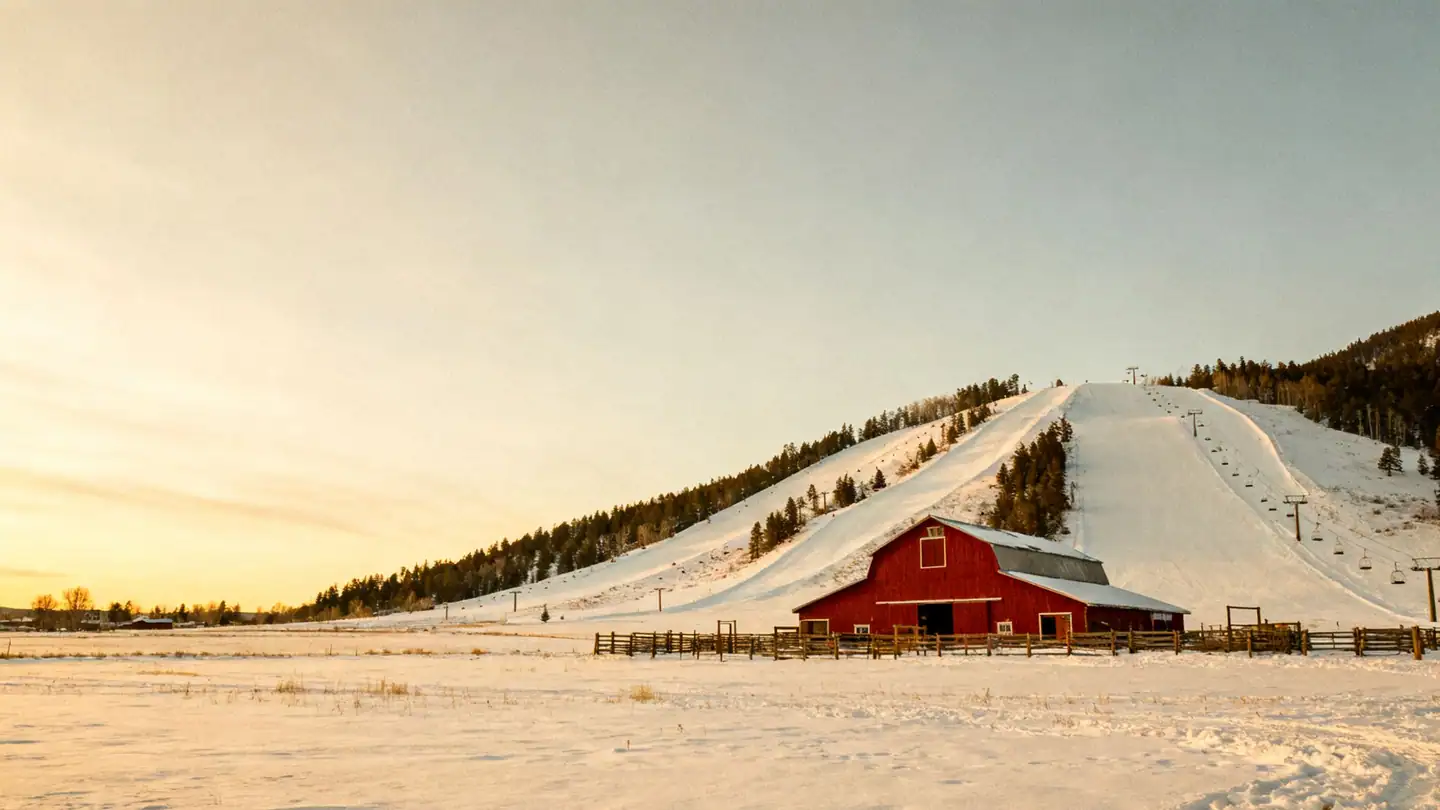 Steamboat Springs, Colorado in winter: a snowy ranch with a red barn below ski slopes in late-afternoon winter light