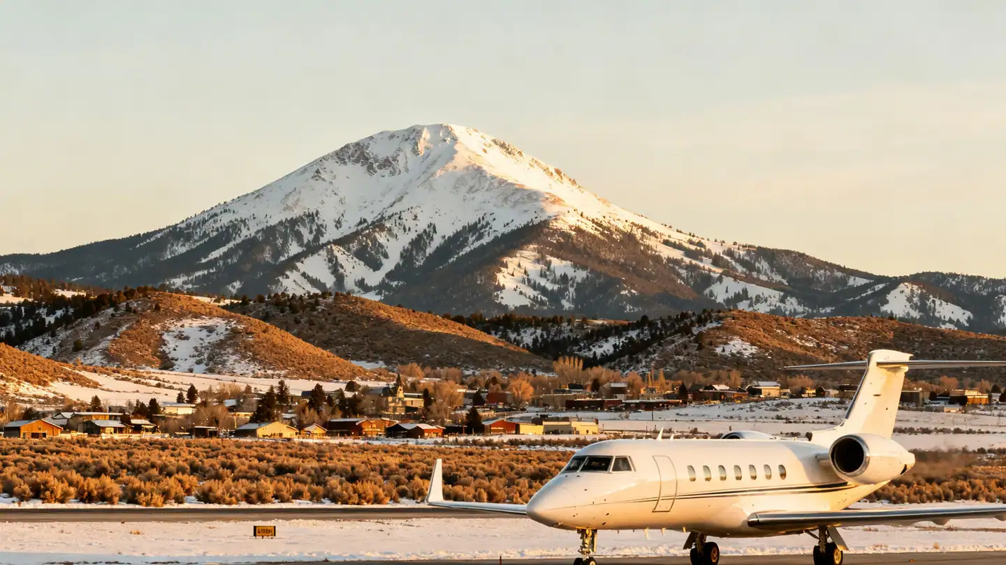 Sun Valley, Idaho in winter: a lone rounded ski mountain above a small valley town and sagebrush hills in late-afternoon winter light, a white business jet on the ramp in front