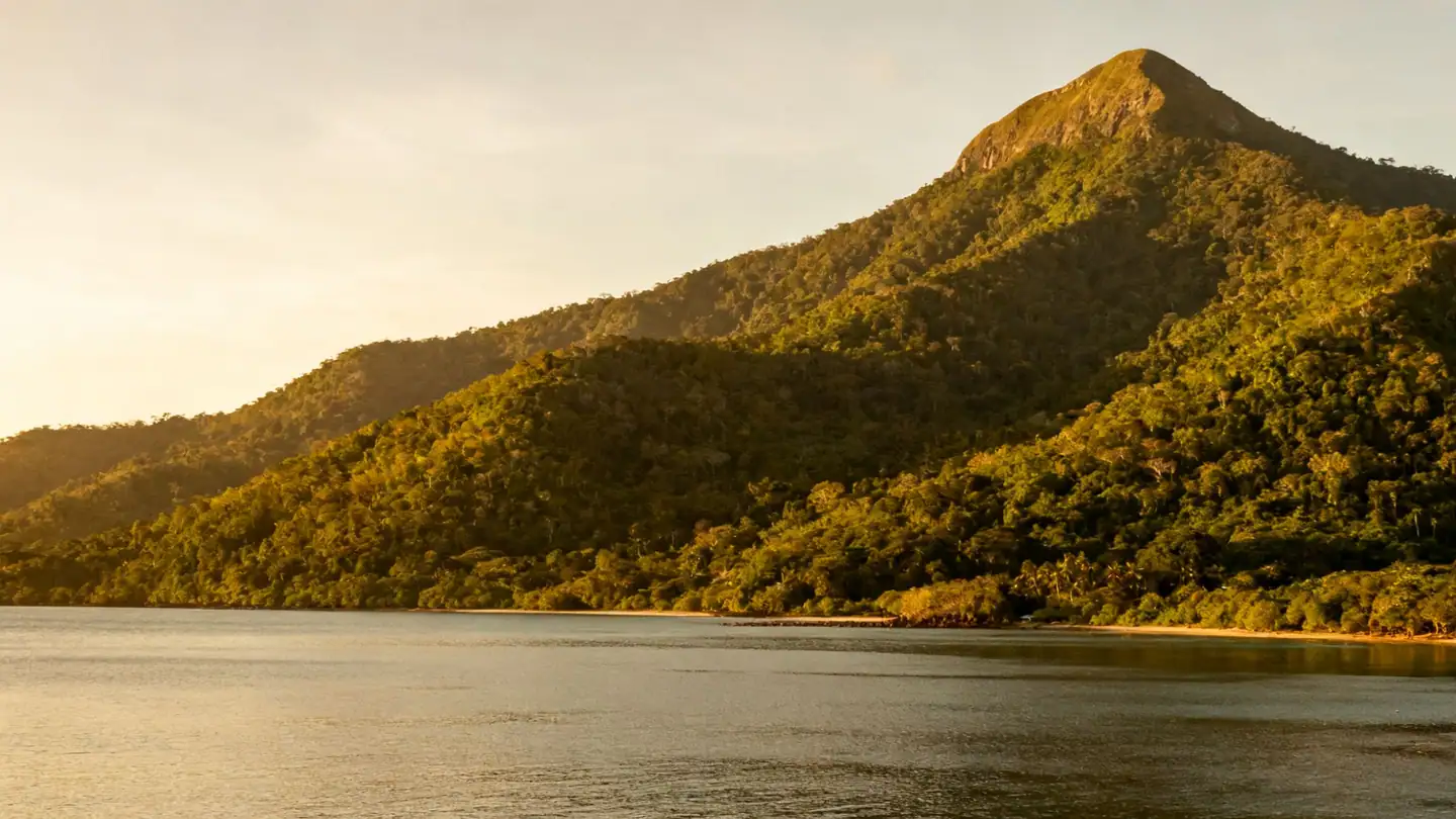 Trinidad: green forested Northern Range hills above a quiet bay in golden-hour light