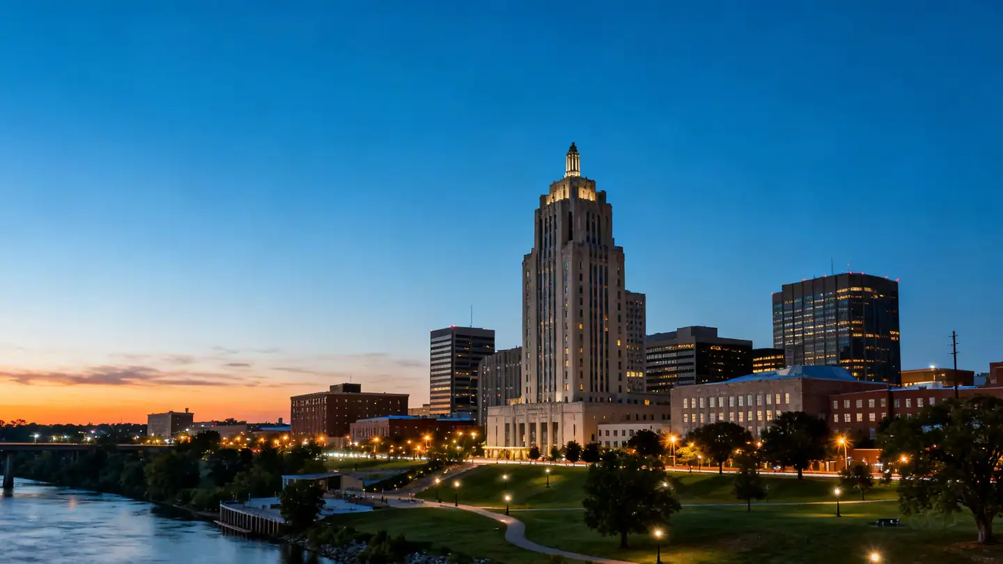 Tulsa: Art Deco downtown buildings above the Arkansas River park at dusk