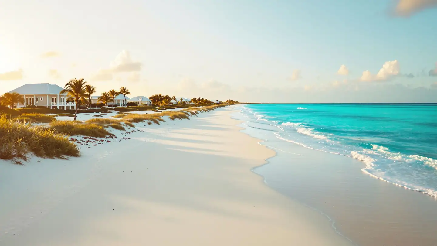 Grace Bay, Turks and Caicos: a long powder-white beach with very clear turquoise water and low villas behind dunes in golden-hour light