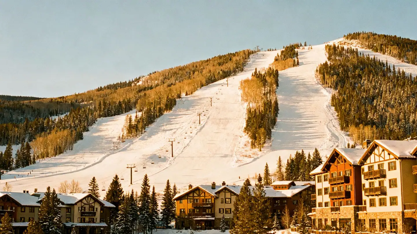 Vail, Colorado in winter: a Bavarian-style alpine village below broad snowy ski slopes and evergreens in late-afternoon winter light