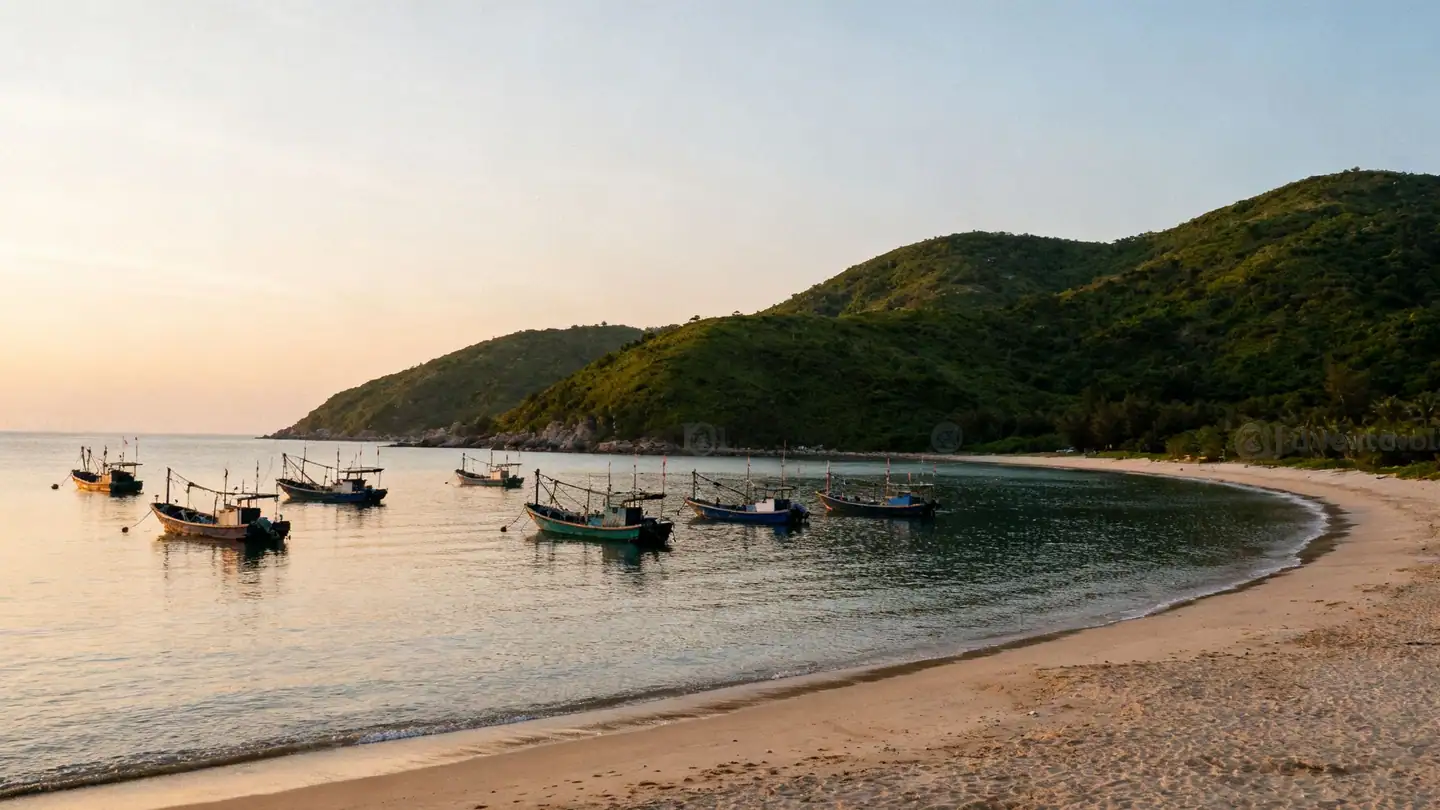 Zihuatanejo: a sheltered bay with fishing boats at sunset